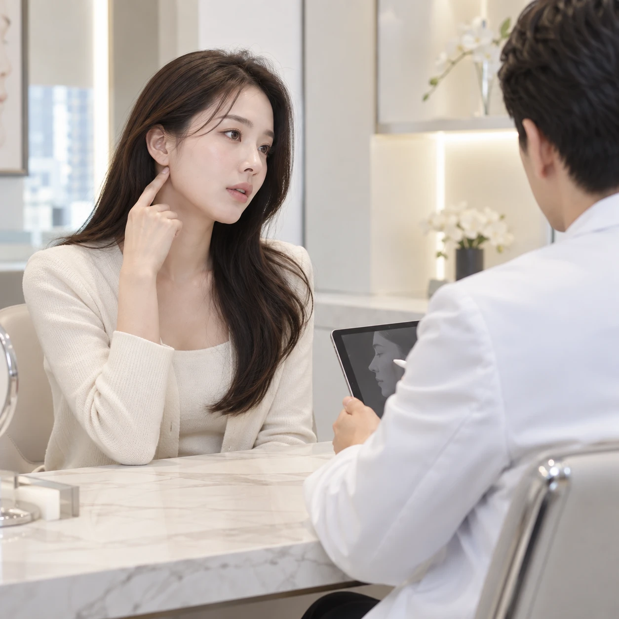 귀밑 부위 고민을 상담하는 진료 장면