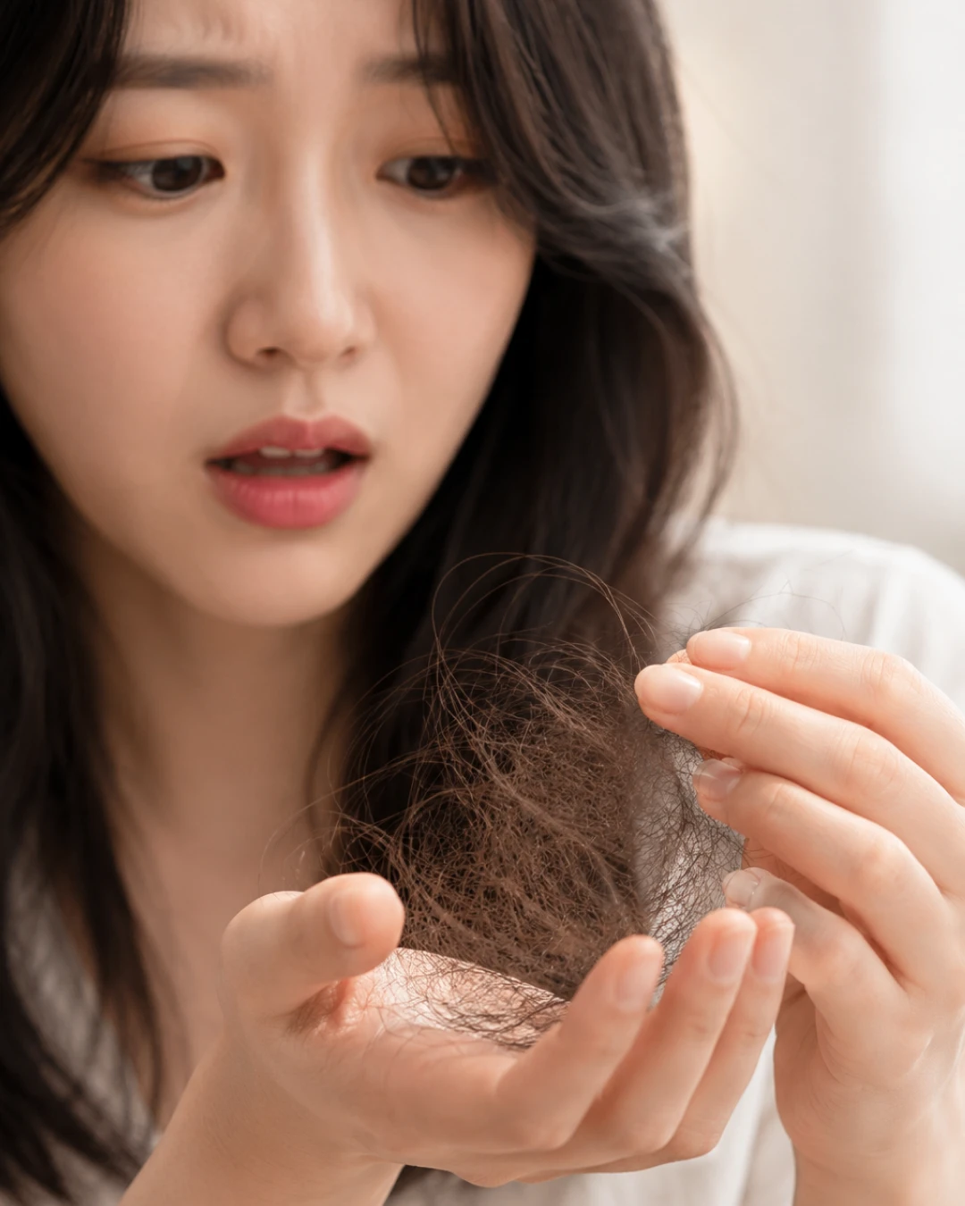 빠진 머리카락을 보고 놀라는 여성