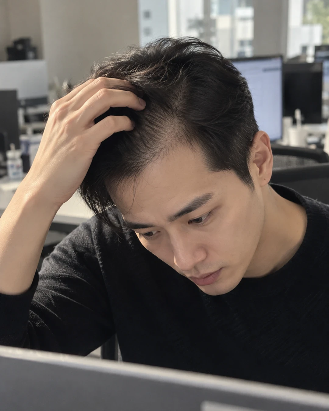 헤어라인을 만져 보며 고민하는 남성