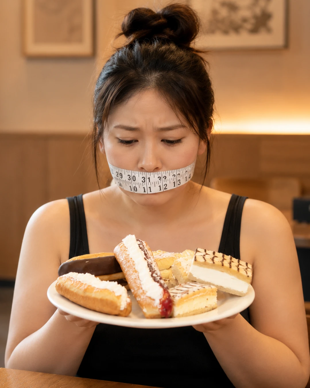 디저트 앞에서 식욕을 참는 여성
