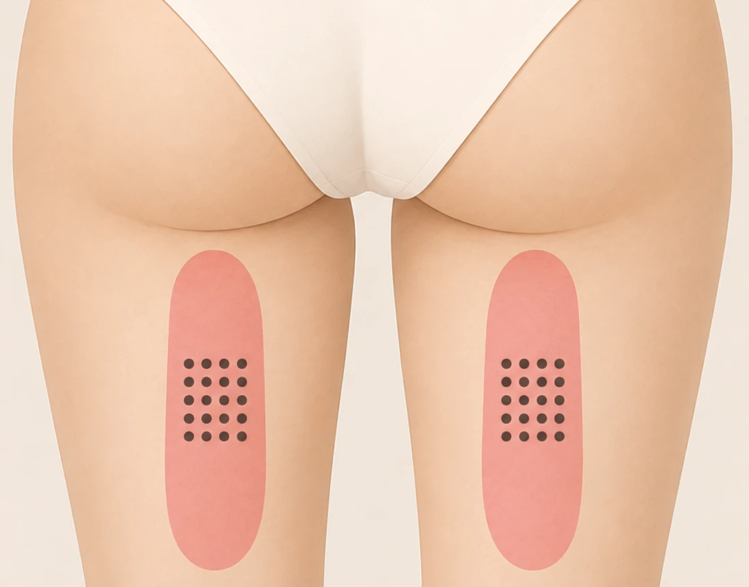 허벅지 뒤쪽 시술 부위를 점으로 표시한 그림